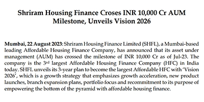 Shriram Housing Finance Croses INR 10000 Cr AUM