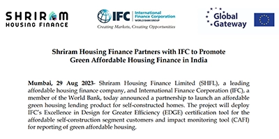 Shriram Housing Finance Partners with IFC to Promote Green Affordable Housing Finance in India