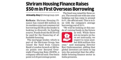 Shriram Housing Finance Raises $50 m in First Overseas Borrowing